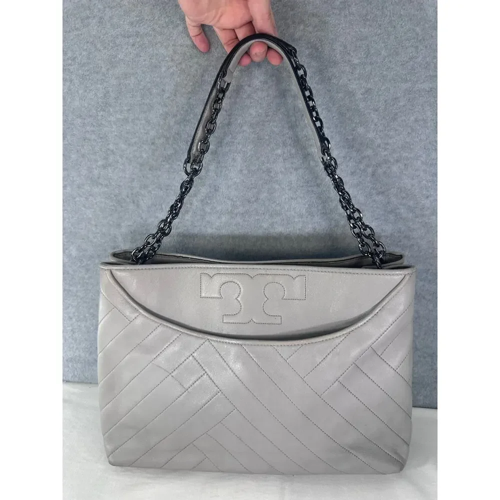 Tory Burch Alexa Quilted Slouchy Soft Leather Tote Purse Grey Pewter Chain